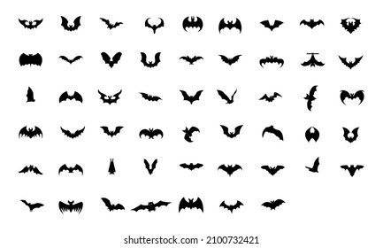 Black silhouettes of bats on a white background. Bats icon set.