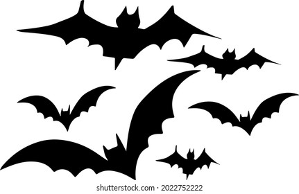 Black silhouettes of bats set on white background. Horrific black bats swarm isolated on white vector Halloween background. Flying fox night creatures illustration. 