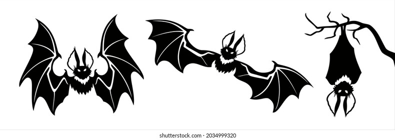 Black silhouettes of bats set on white background. Set of black halloween holiday silhouette elements of bats. Black creepy flying bats. Concept of happy halloween. vector.