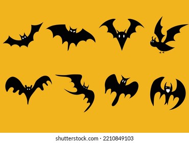 Black silhouettes of bats set on white background. Halloween black bat icon set