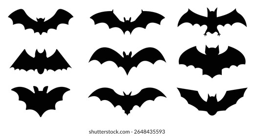 Black silhouettes of bats set on white background. Halloween decoration. Vector illustration.