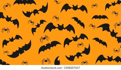 Black silhouettes of bats and spiders on an orange background. Vector