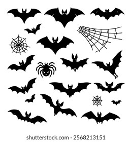 Black silhouettes of bats and spiders for themed artwork decoration