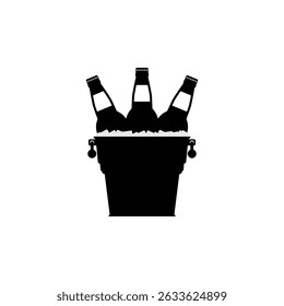 Black silhouettes of beer bottles in a metal bucket with handles and ice cubes on a white background. Isolated vector icon and logo, flat illustration.