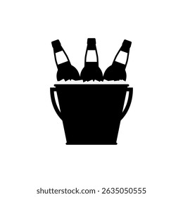 Black silhouettes of beer bottles in a metal bucket with handles and ice cubes on a white background. Isolated vector icon and logo, flat illustration.