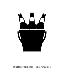 Black silhouettes of beer bottles in a metal bucket with handles and ice cubes on a white background. Isolated vector icon and logo, flat illustration.
