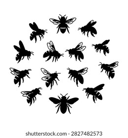 Black silhouettes of bees arranged in a circular pattern on a white background, emphasizing their flight and collective movement.