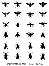 Black silhouettes of bees and wasps on a white background