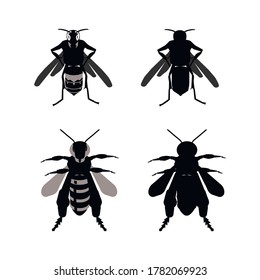 Black silhouettes of bees and wasps. Posing on a white background. Powerful and menacing looking out of the dark.