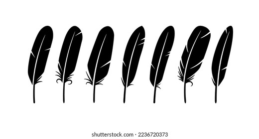 Black silhouettes of a bird feather collection. Vector isolated on white background. Feathers icon set in flat style of silhouette drawing black illustration