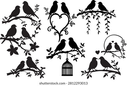 Black silhouettes of birds on branches with heart shapes, flowers, vines, and a birdcage against white background.