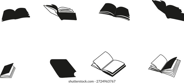 Silhuetas pretas de livros em várias formas isoladas no fundo branco, ilustração gráfica. 