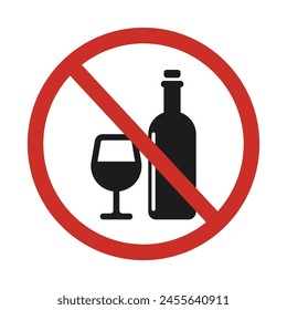  black silhouettes of a bottle and a glass in a red crossed out circle vector No alcohol, prohibition sign