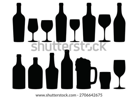Black silhouettes of bottles glasses and beer mug wine