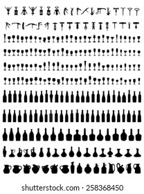 Black silhouettes of bottles,  glasses and corkscrew, vector