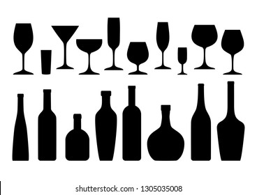 Black silhouettes of bottles and glasses on a white background. Set of different glasses and bottles.