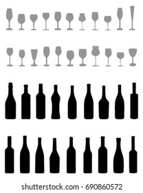 Black silhouettes of bottles and glasses on a white background