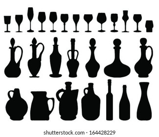 Black silhouettes of bottles and glasses, vector illustration