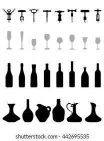 Black silhouettes of bowls, bottles, glasses and corkscrew, vector