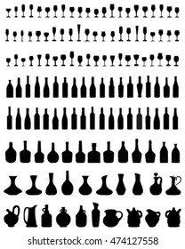 Black silhouettes of bowls, bottles and glasses, vector
