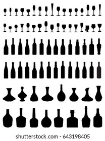 Black silhouettes of bowls, bottles and glasses, vector