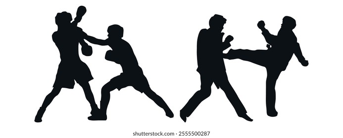 Black silhouettes of boxing and karate fighters. Vector on gray background