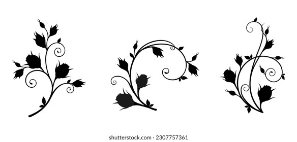 Black silhouettes of branches with rosebuds and leaves isolated on a white background. Floral decorative elements with rosebuds. Set of vector illustrations