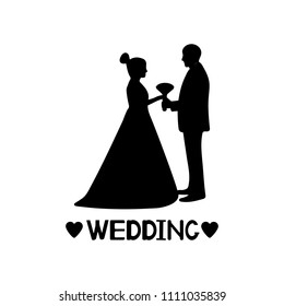 Black silhouettes of the bride and groom, hearts and word Wedding. Vector illustration