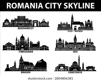 Black silhouettes of Bucharest, Cluj-Napoca, Timisoara, Iasi, Constanta, and Brasov city skylines.
