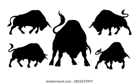 Black silhouettes of buffalo and bison in various poses, emphasizing their majestic and powerful presence in the wild landscape.