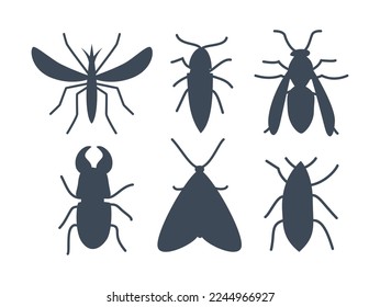 Black silhouettes of bugs vector illustrations set. Cartoon drawings of silhouettes of cockroach, ant, beetle, horned beetle, butterfly isolated on white background. Nature, insects concept