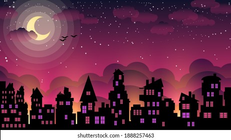 black silhouettes of buildings with illuminated windows against the backdrop of urban greenery, purple night sky with moon, clouds, stars and flying birds. beautiful city landscape. vector