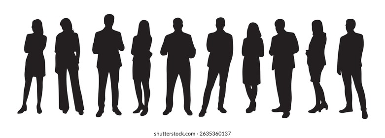 Black silhouettes of business people standing in different poses against a white background