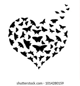 Black silhouettes of butterflies in the form of a heart. Heart of black silhouettes of butterflies. Flat vector image for designer works.