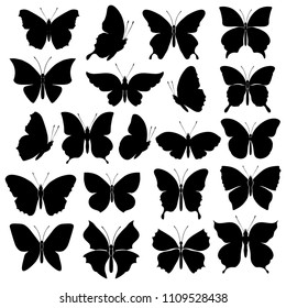 Black silhouettes of butterflies on white background. Set of isolated silhouettes. Decorative abstract design element. Vector illustration