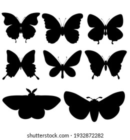 Siluetas negras de mariposas sobre un fondo blanco. Elementos decorativos para carteles, tarjetas, impresiones, pegatinas, papel pintado, tela, textil, papel regalo, scrapbooking. Conjunto de ilustraciones vectoriales