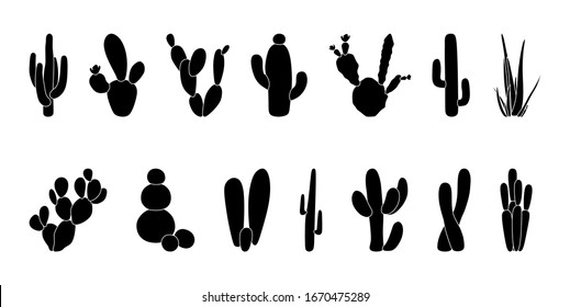 Black silhouettes of cacti , succulents, aloes. Vector illustration of flora isolated on a white background. Cactus icons. Mexican desert cactus, tropical plants , summer garden.  Cactus hand drawn