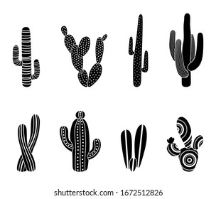 Black silhouettes of cacti, succulents, aloes. Vector illustration isolated on a white background. Cactus icons. Mexican desert cactus, tropical plants, summer garden. Decorated cacti drawn by hand