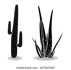 Black silhouettes of cacti, succulents, aloes. Vector illustration isolated on a white background. Cactus icons. Mexican desert cactus, tropical plants, summer garden. Decorated cacti drawn by hand