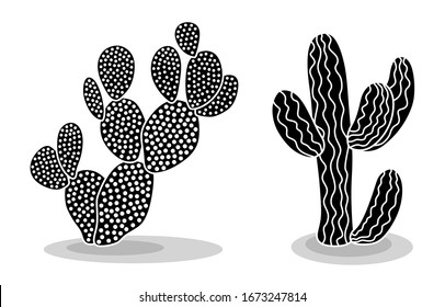 Black silhouettes of cacti, succulents, aloes. Vector illustration isolated on a white background. Cactus icons. Mexican desert cactus, tropical plants, summer garden. Decorated cacti drawn by hand