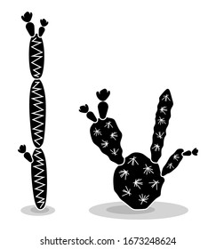 Black silhouettes of cacti, succulents, aloes. Vector illustration isolated on a white background. Cactus icons. Mexican desert cactus, tropical plants, summer garden. Decorated cacti drawn by hand
