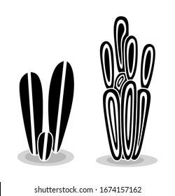 Black silhouettes of cacti, succulents, aloes. Vector illustration isolated on a white background. Cactus icons. Mexican desert cactus, tropical plants, summer garden. Decorated cacti drawn by hand