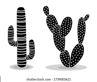 Black silhouettes of cacti, succulents, aloes. Vector illustration isolated on a white background. Cactus icons. Mexican desert cactus, tropical plants, summer garden. Decorated cacti drawn by hand