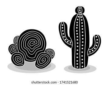 Black silhouettes of cacti, succulents, aloes. Vector illustration isolated on a white background. Cactus icons. Mexican desert cactus, tropical plants, summer garden. Decorated cacti drawn by hand