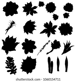 Black silhouettes of cactus, agave, aloe, and prickly pear. Cacti set. Vector.