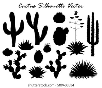 Black silhouettes of cactus, agave, and prickly pear. Vector illustration