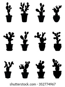 Black silhouettes of cactus at potted, vector