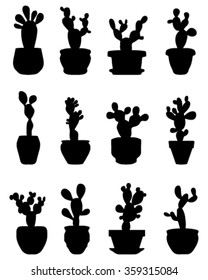 Black silhouettes of cactus at potted, vector