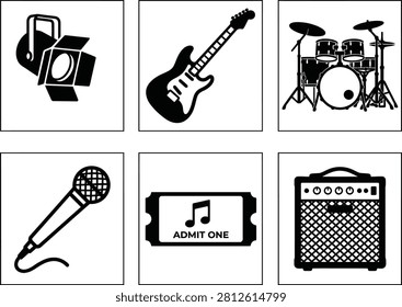 Black silhouettes: camera, electric guitar, drum kit, microphone, music player, amp.