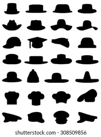 Black silhouettes of caps and hats, vector